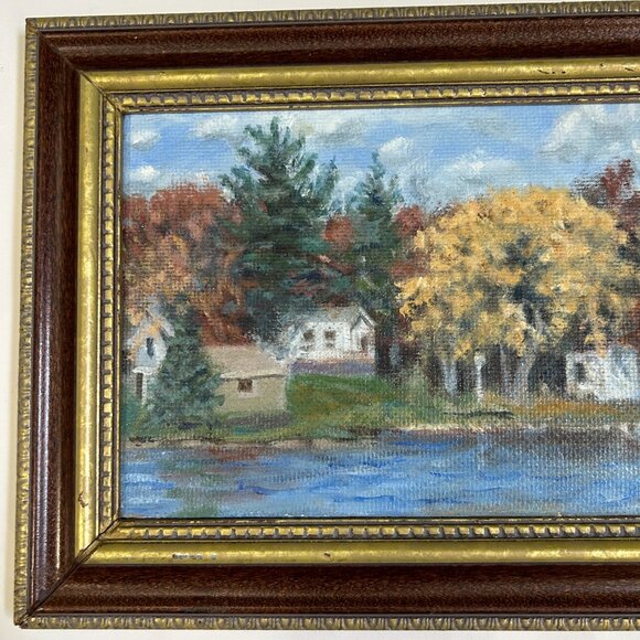 Vintage Framed Landscape Oil Painting Autumn Lake Scene Country Houses Singed - Picture 4 of 13